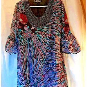 Zashi Women's Multicolor Dress - Geometric Embellished Flounce Sleeve S New